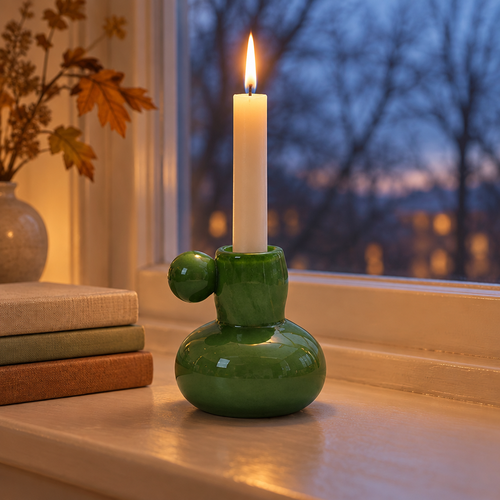 Green glass candle holder with lit taper on a windowsill at autumn dusk