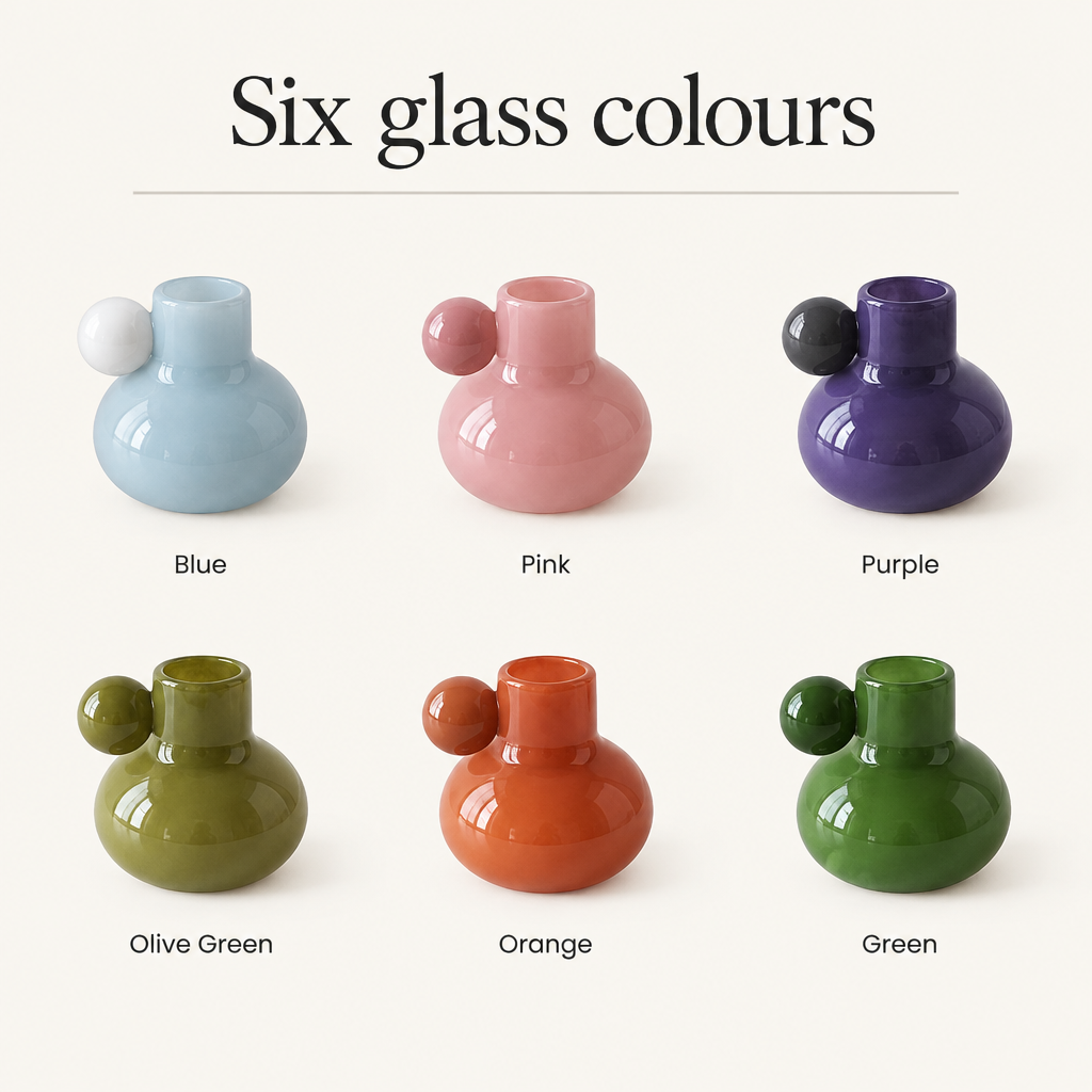 Six glass colours: blue, pink, purple, olive green, orange and green