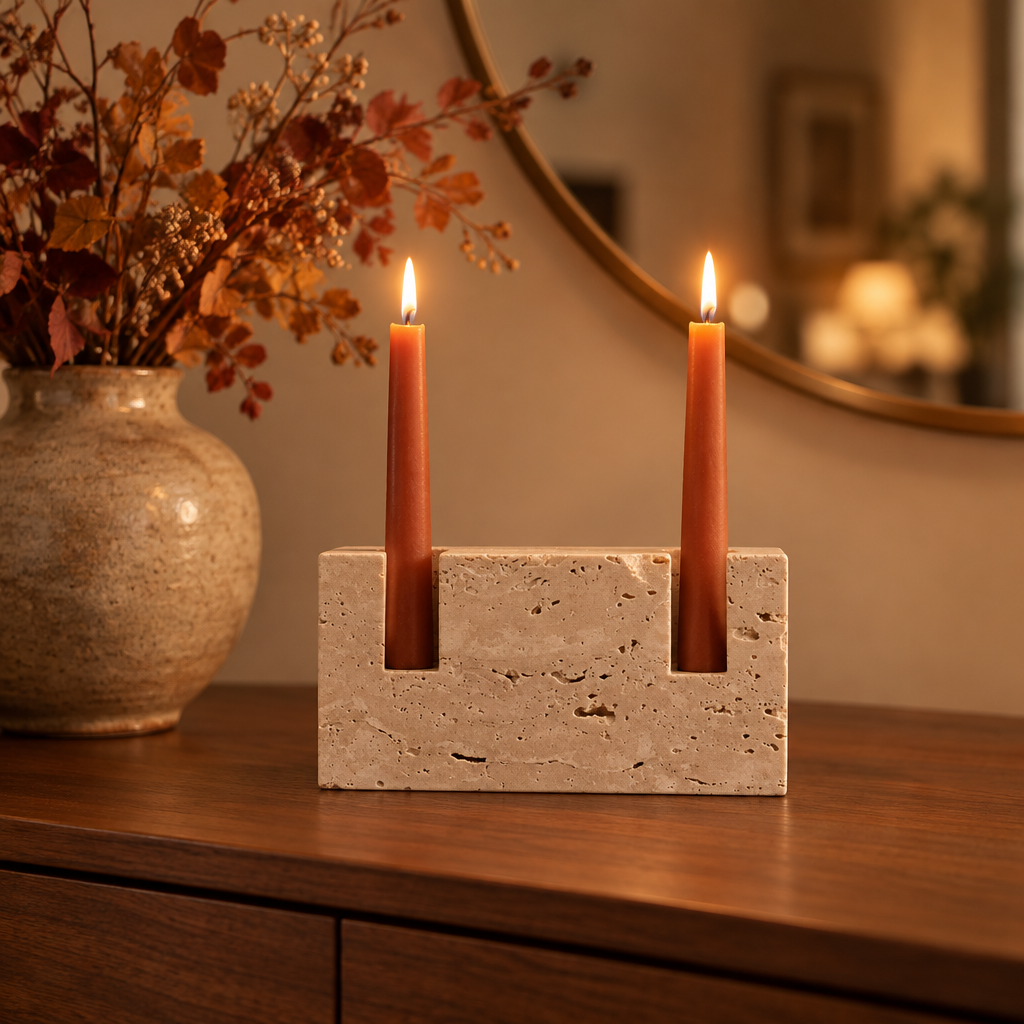 Travertine candle holder with terracotta tapers on a walnut sideboard with autumn branches
