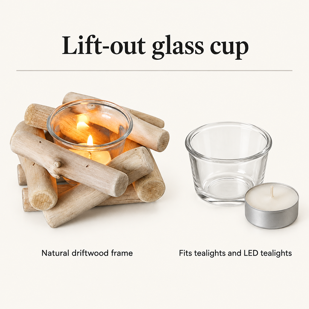Driftwood Haven holder with lift-out glass cup that fits tealights and LED tealights