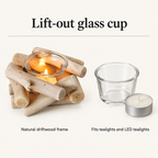 Driftwood Haven holder with lift-out glass cup that fits tealights and LED tealights