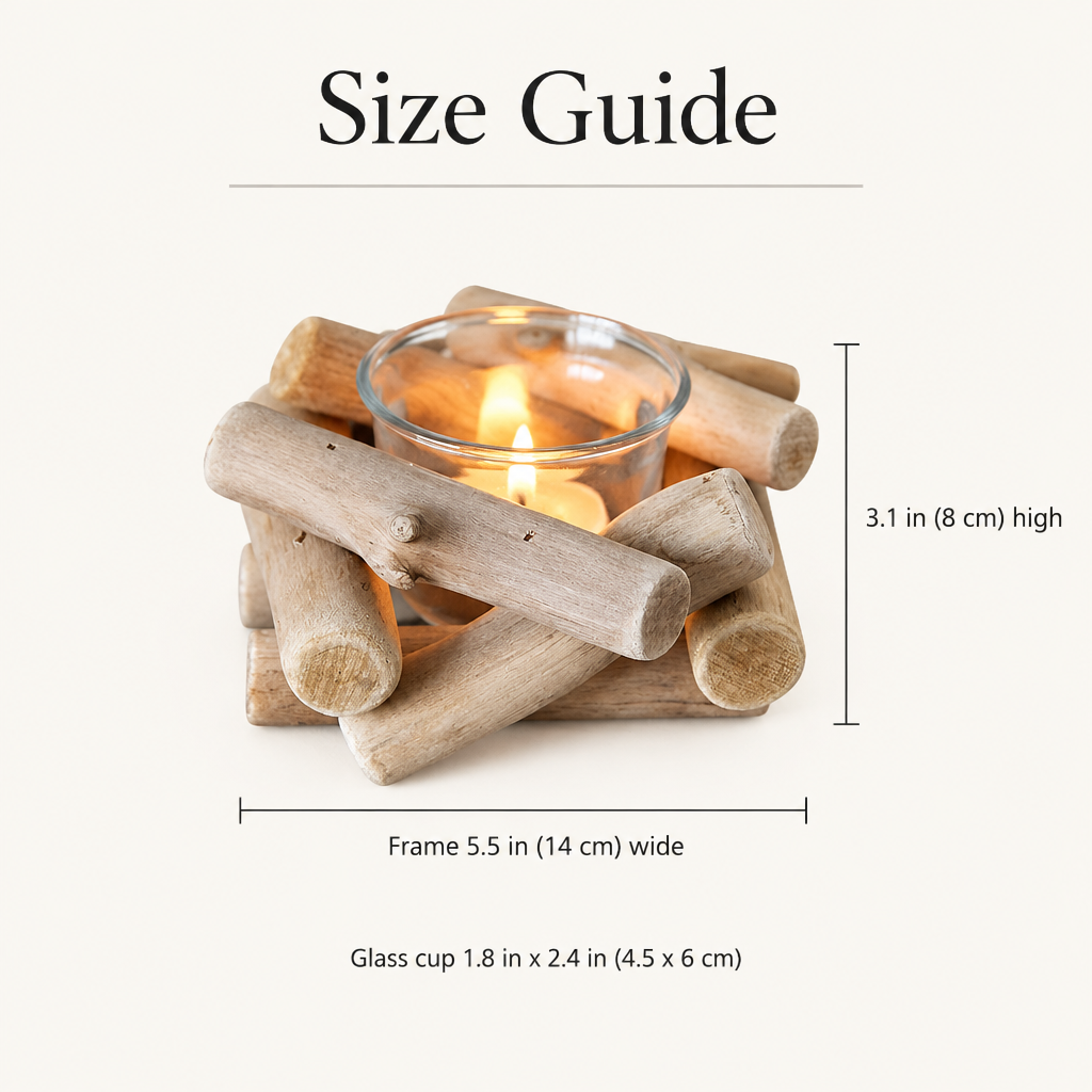 Driftwood Haven size guide: frame 5.5 in wide, 3.1 in high, glass cup 1.8 x 2.4 in