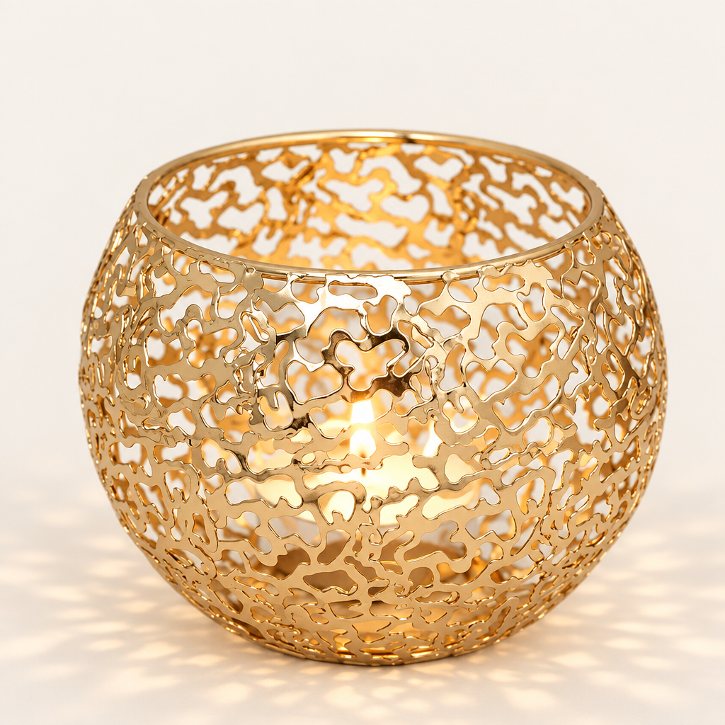 Glow Sphere tealight holder in Gold, pierced metal globe with a lit tealight