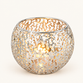 Glow Sphere tealight holder in Silver, pierced metal globe with a lit tealight