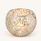 Glow Sphere tealight holder in Silver, pierced metal globe with a lit tealight