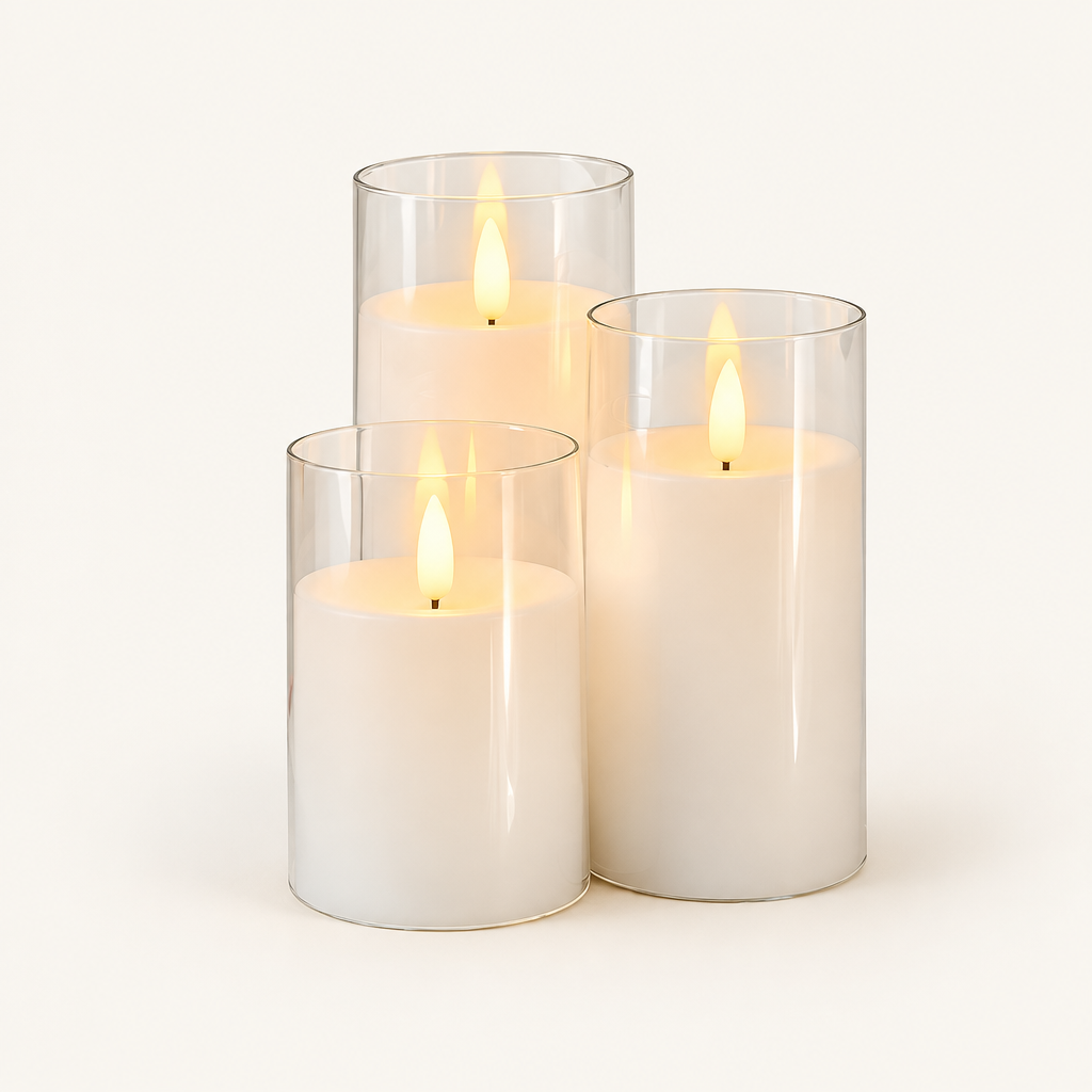 Set of 3 flameless LED pillar candles in clear glass, Crystal White