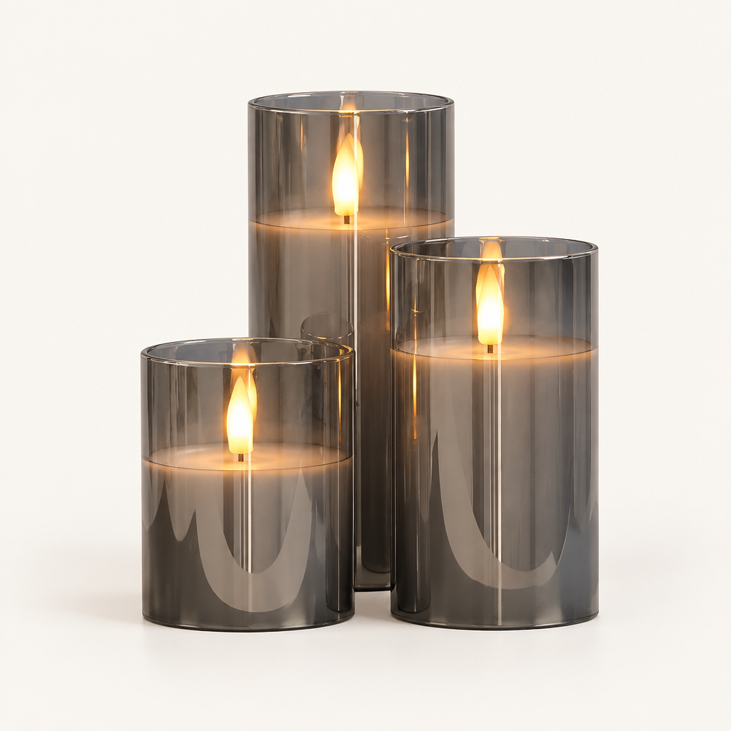 Set of 3 flameless LED pillar candles in smoky grey glass, Misty Grey