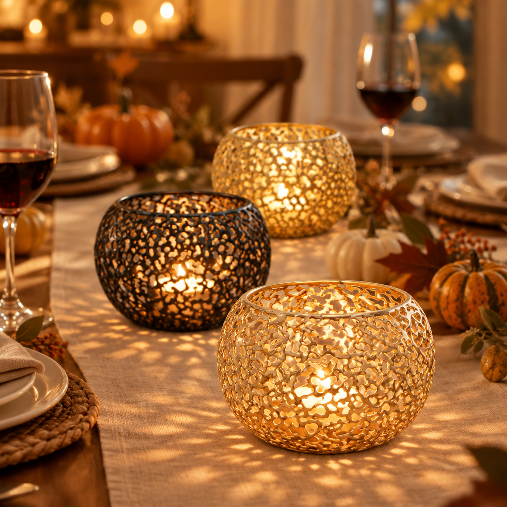 Gold and Black Glow Sphere candle holders on a Thanksgiving dinner table
