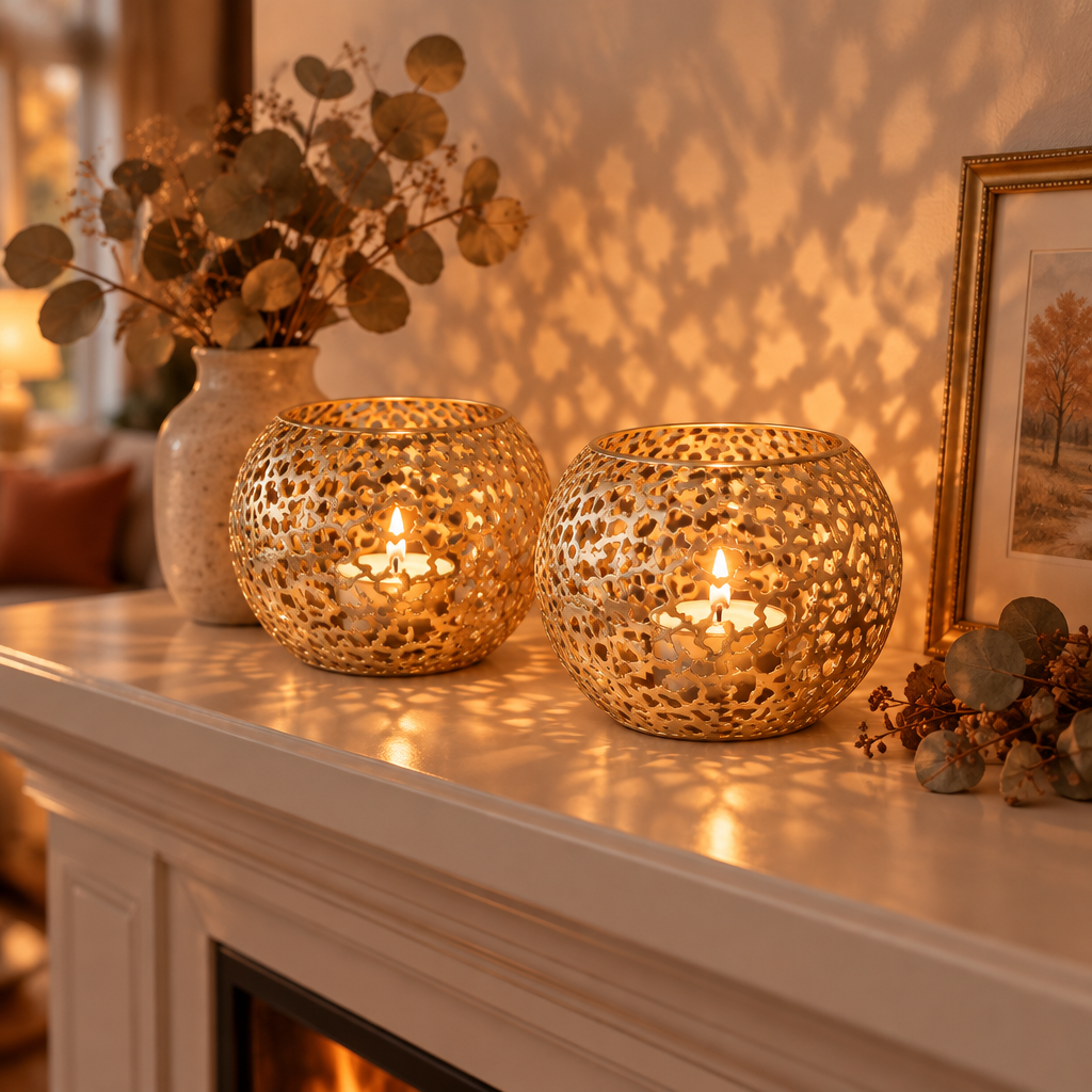 Two Gold Glow Sphere candle holders casting patterned light on a fireplace mantel