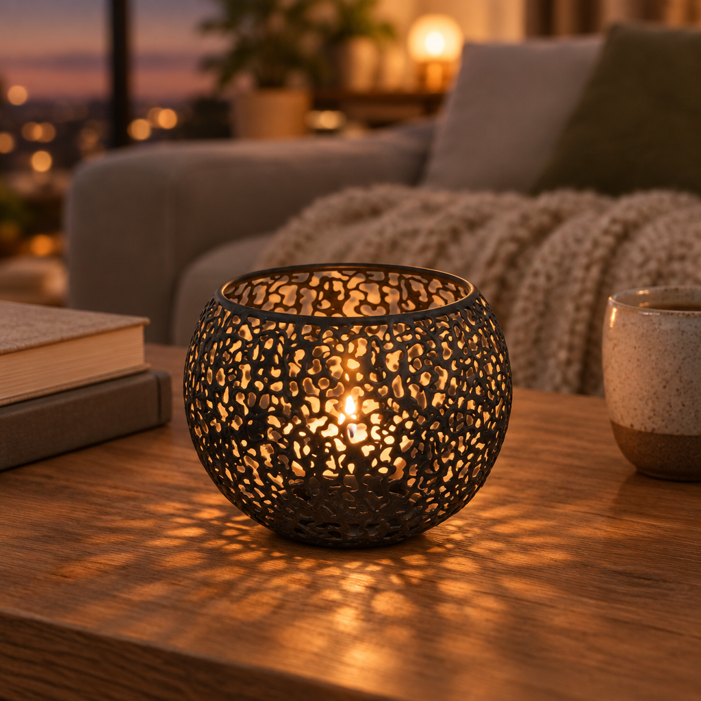 Black Glow Sphere candle holder lit on a living room coffee table at dusk