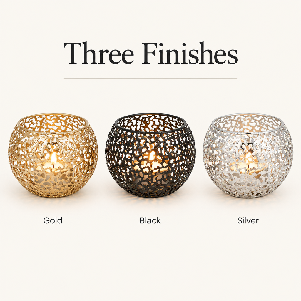 Glow Sphere candle holder finishes: Gold, Black and Silver
