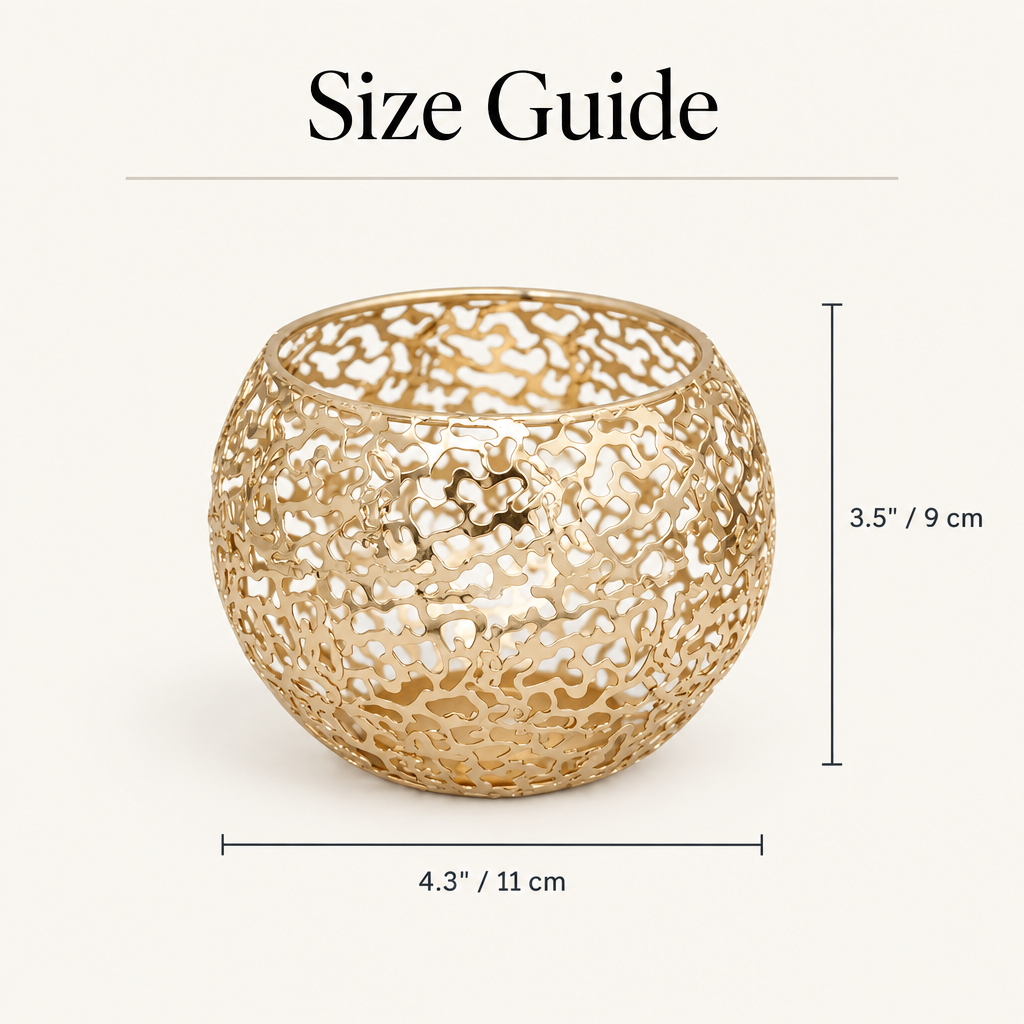 Glow Sphere candle holder size: 4.3 in wide, 3.5 in high