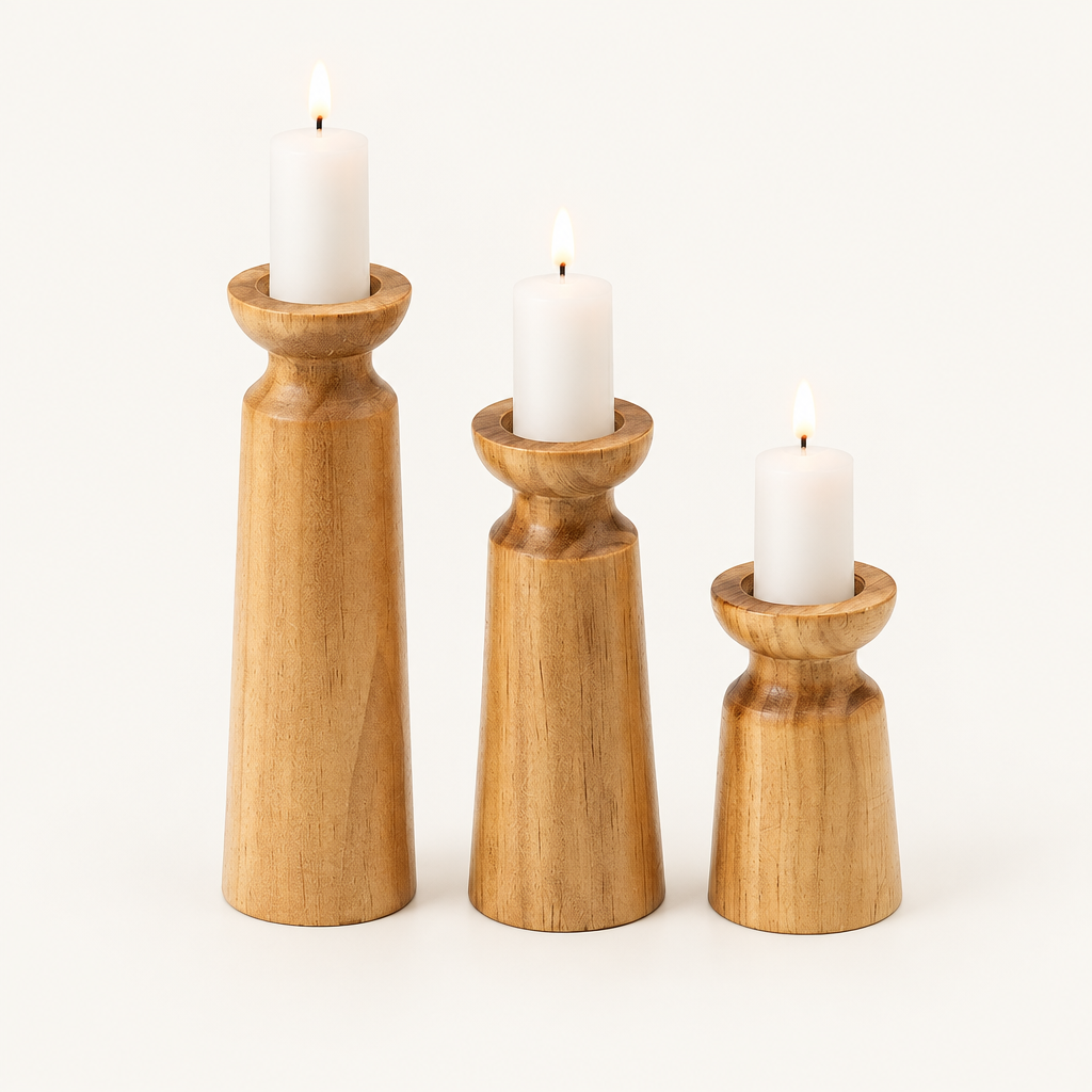 Small, medium and large carved pine candle holders grouped together (each sold separately)