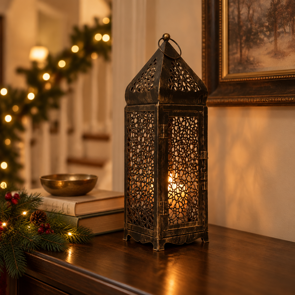 Long Moroccan lantern on a wooden entryway console decorated for the holidays