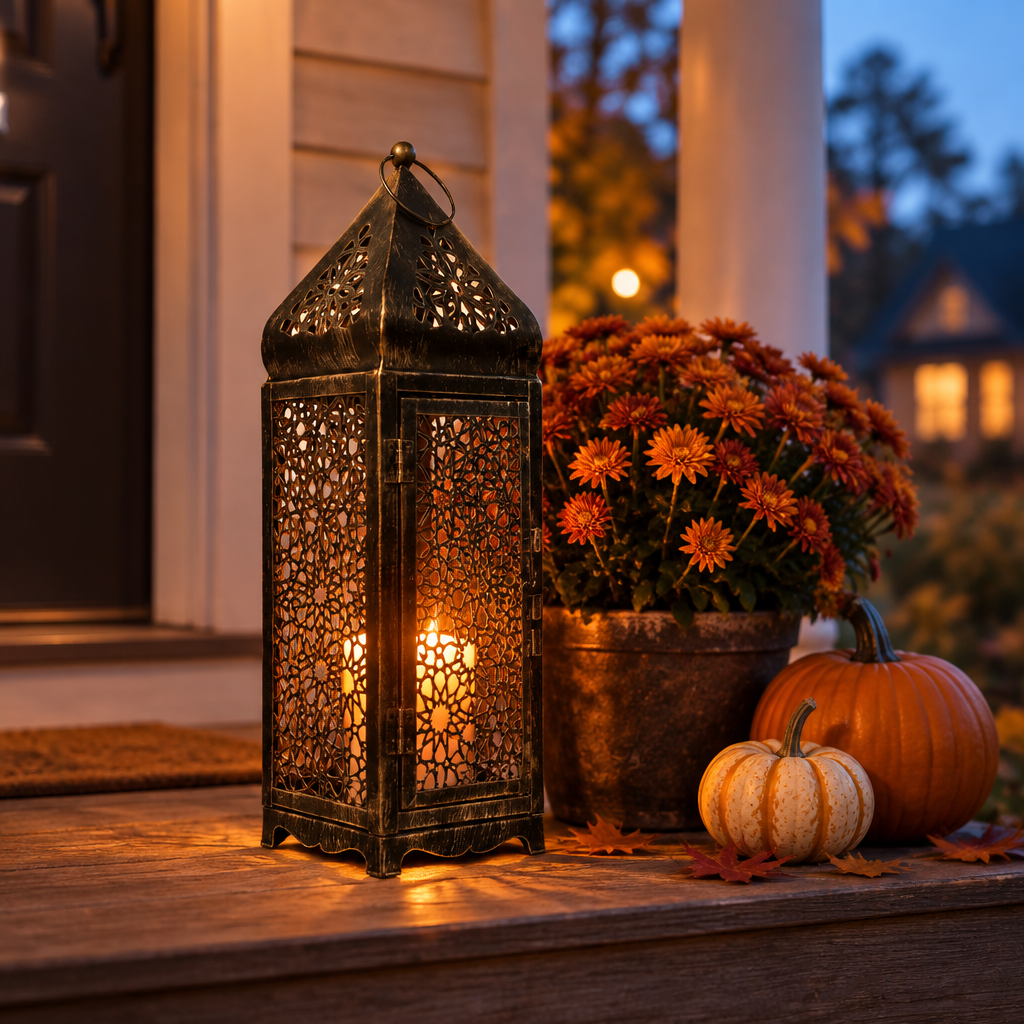 Long Moroccan lantern glowing on a covered front porch step with mums and pumpkins at dusk