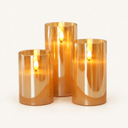 Set of 3 flameless LED pillar candles in amber glass, Honey Tint