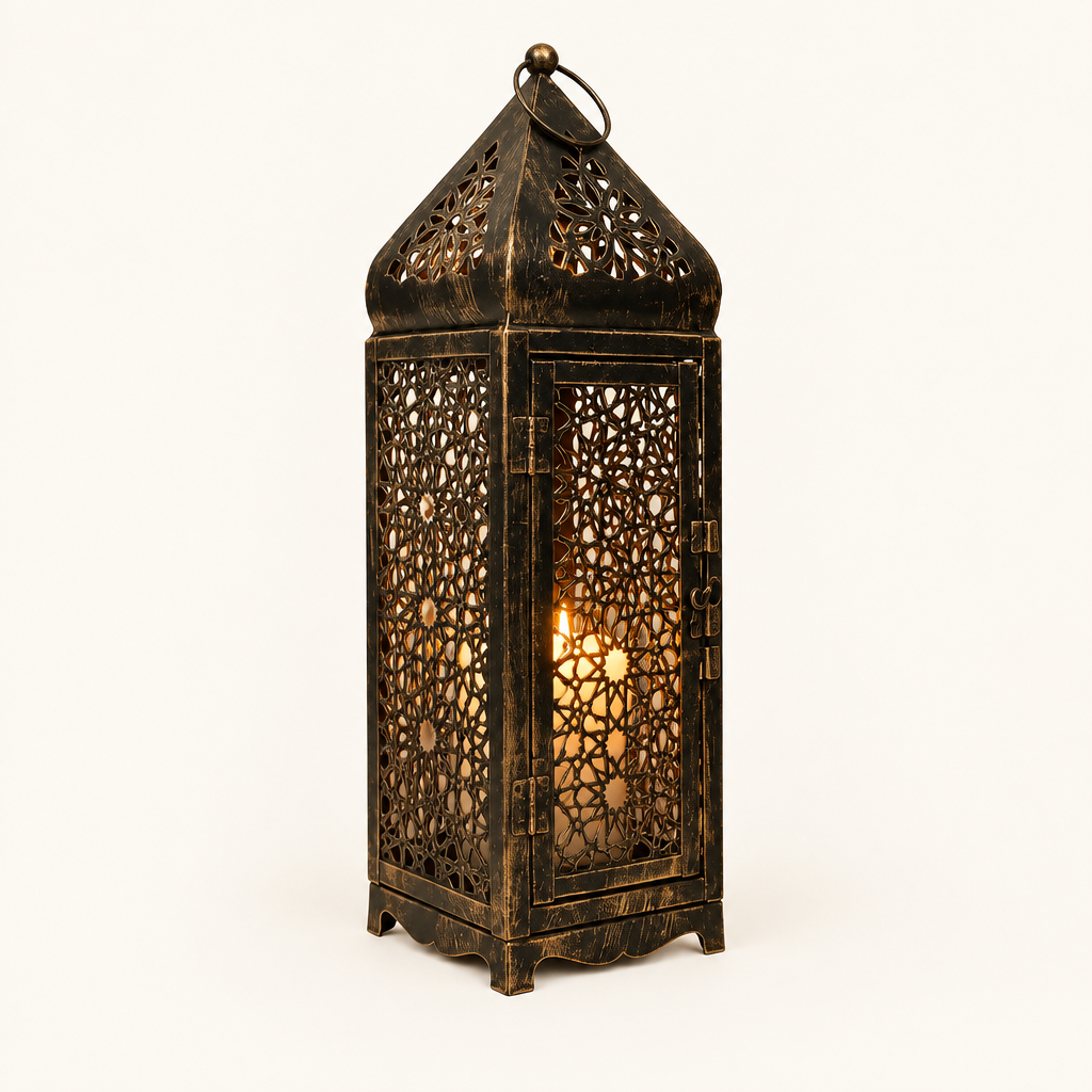 Antique Charm Moroccan candle lantern, Long, antique bronze with lit pillar candle