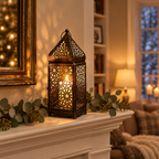 Moroccan candle lantern on a white fireplace mantel with eucalyptus garland