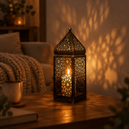 Moroccan lantern on a coffee table projecting star-shaped light patterns onto the wall