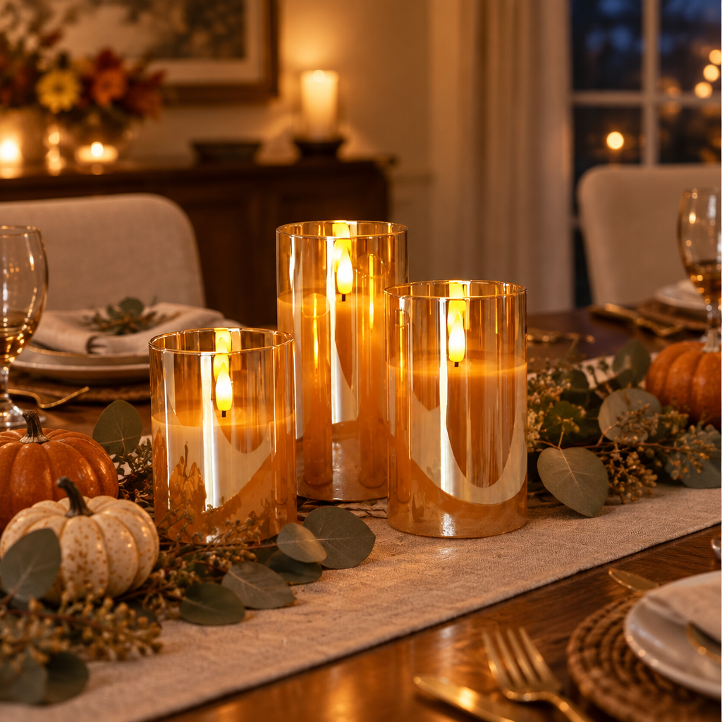 Honey Tint flameless candles as a Thanksgiving table centrepiece