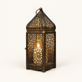 Antique Charm Moroccan candle lantern, Short, antique bronze with lit pillar candle