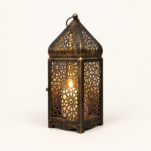 Antique Charm Moroccan candle lantern, Short, antique bronze with lit pillar candle