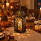Moroccan lantern casting star patterns on a Thanksgiving dinner table