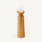 Large carved wooden pillar candle holder, 7.9 inches tall, with a lit white pillar candle