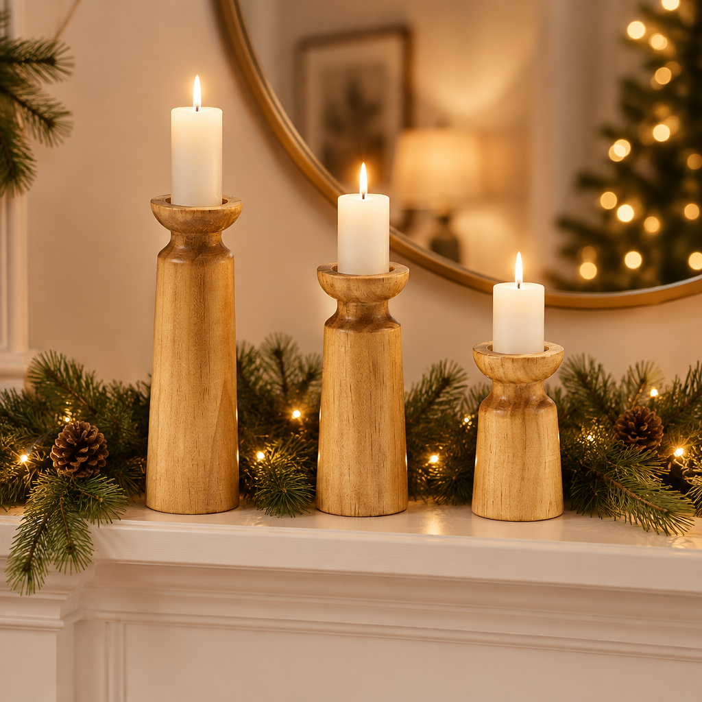 Carved wooden candle holders on a fireplace mantel with a pine garland