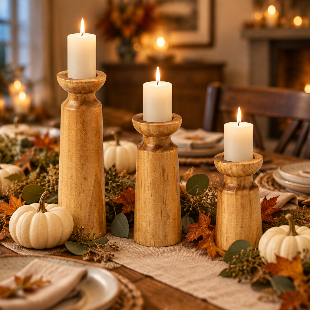 Carved wooden candle holders as a Thanksgiving table centrepiece with white pumpkins