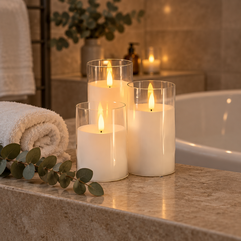 Crystal White flameless candles on a bathtub ledge