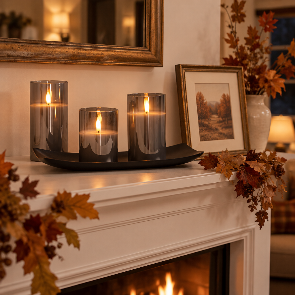 Misty Grey flameless candles on an autumn fireplace mantel