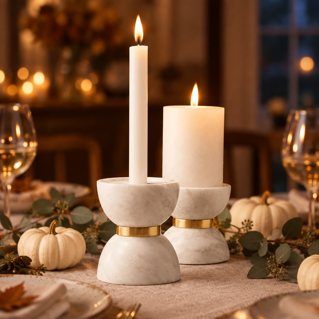 White marble and gold hourglass candle holders on a Thanksgiving table with white pumpkins