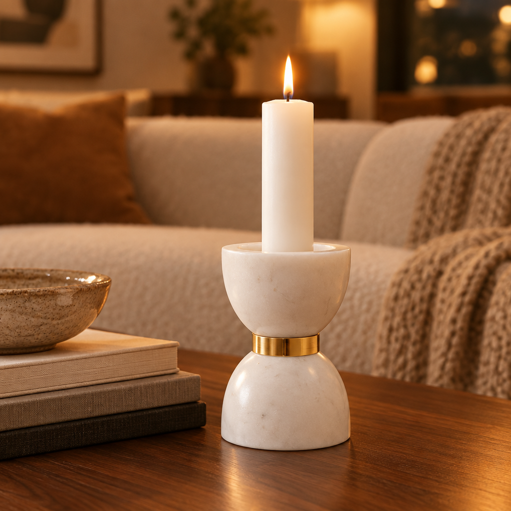 Colette marble candle holder with a pillar candle on a walnut coffee table