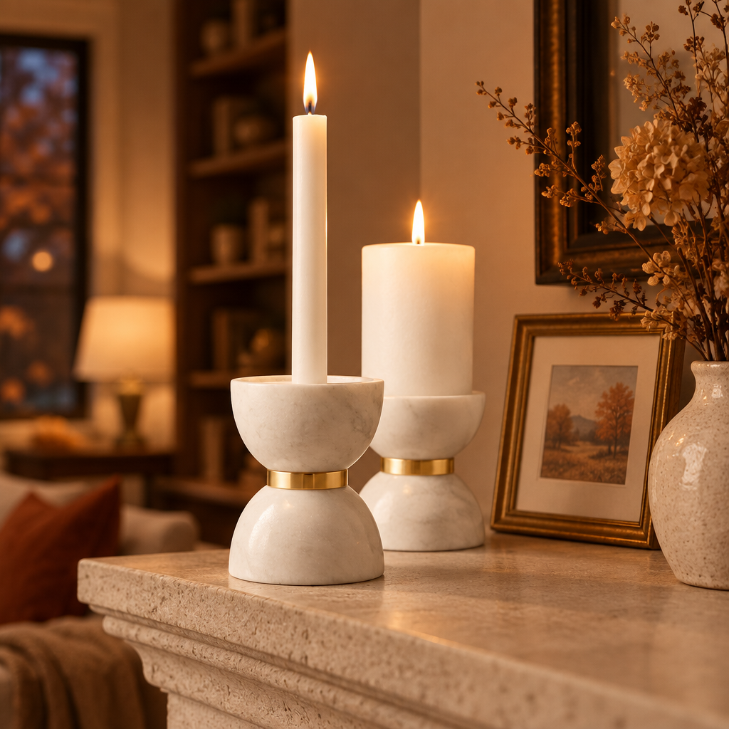 Marble hourglass candle holders lit on a stone fireplace mantel on an autumn evening