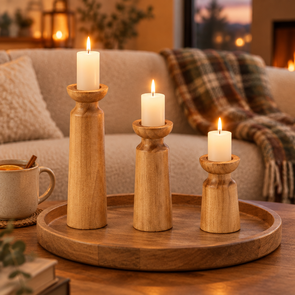 Carved wooden candle holders on a wooden tray on a living room coffee table