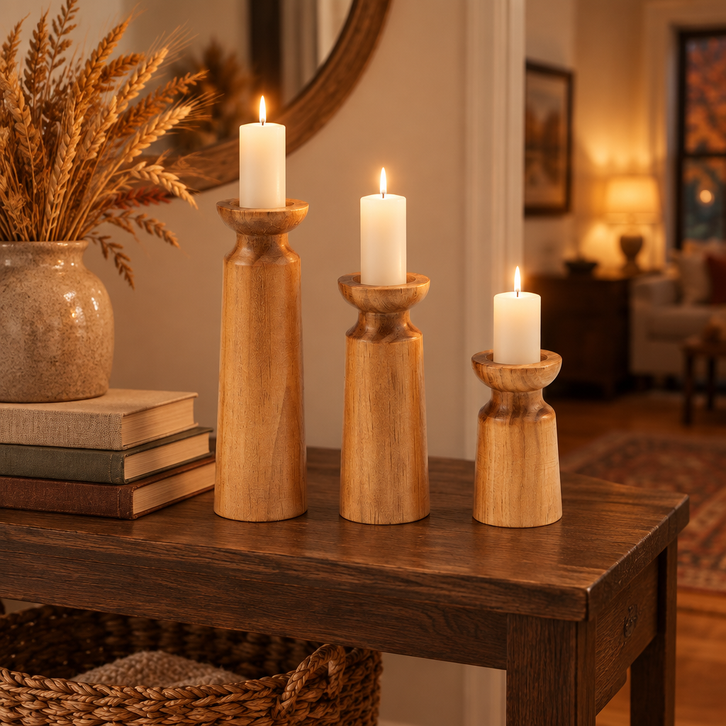 Carved wooden candle holders on an entryway console table with books and dried wheat