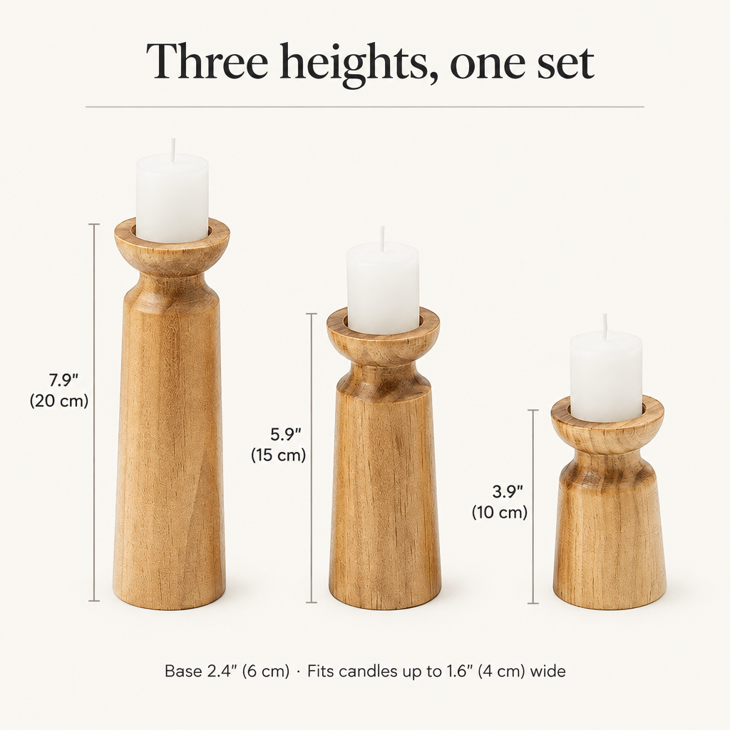 Carved wooden candle holder dimensions: 7.9, 5.9 and 3.9 inches tall, 2.4 inch base, fits candles up to 1.6 inches wide