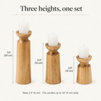 Carved wooden candle holder dimensions: 7.9, 5.9 and 3.9 inches tall, 2.4 inch base, fits candles up to 1.6 inches wide