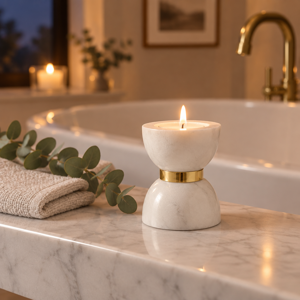 Small marble hourglass holder with a lit tealight on a bathtub ledge