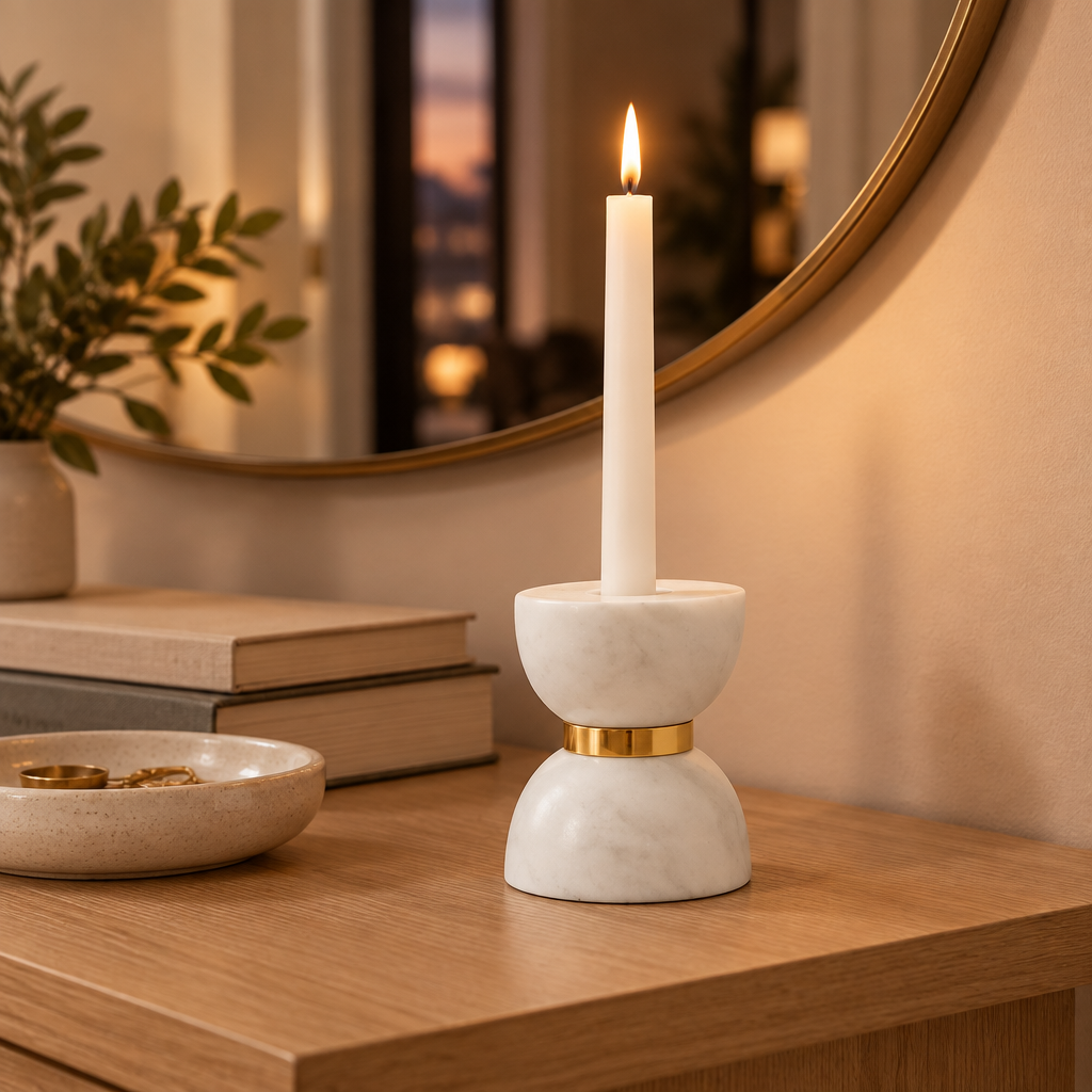 Small marble hourglass taper candle holder on an oak entryway console at dusk