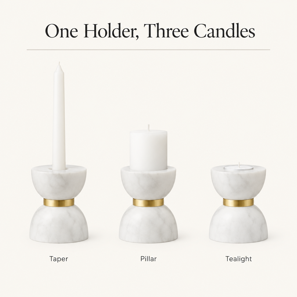 One holder, three candles: fits a taper, pillar or tealight