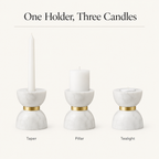 One holder, three candles: fits a taper, pillar or tealight