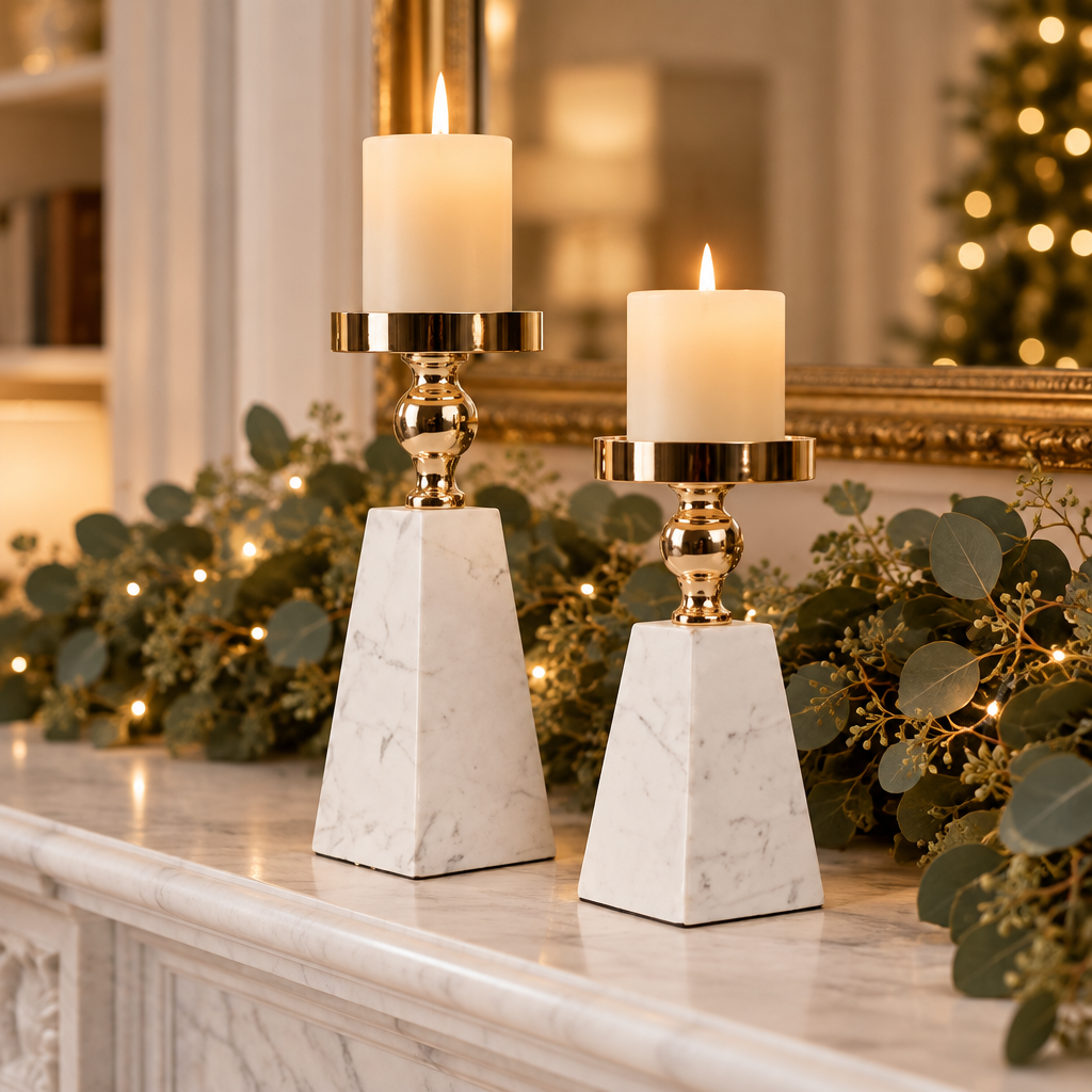 Pyramid marble and gold candle holders on a holiday fireplace mantel with eucalyptus garland