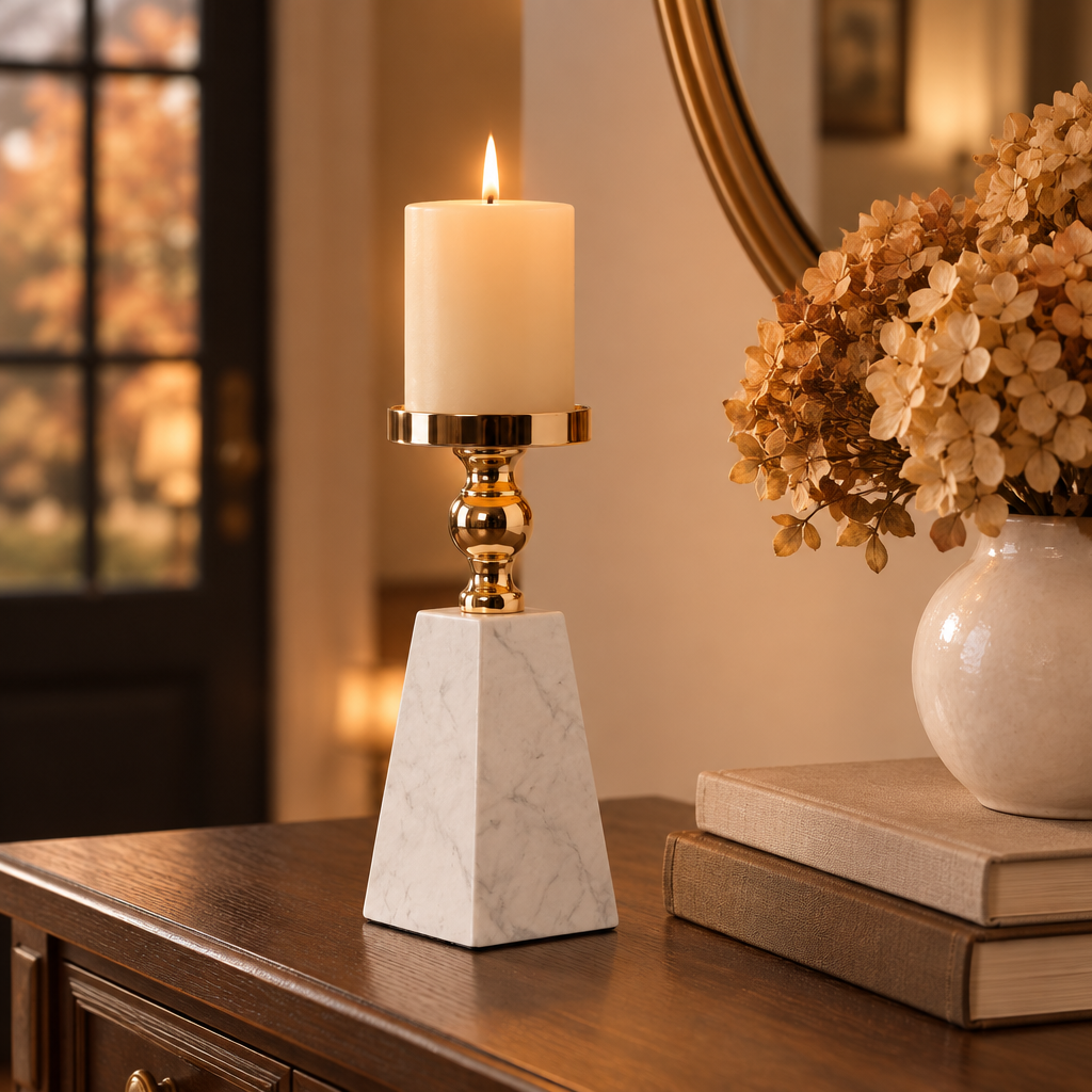 Pyramid marble and gold candle holder on an entryway console with dried hydrangeas