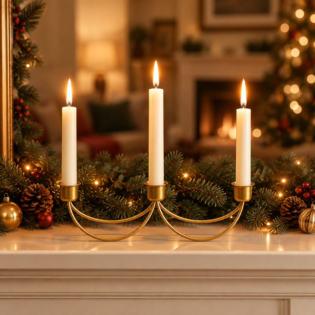 Gold iron taper candelabra lit on a holiday mantel with pine garland