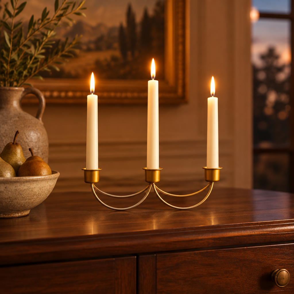 Gold three-candle holder lit on a walnut dining sideboard at dusk