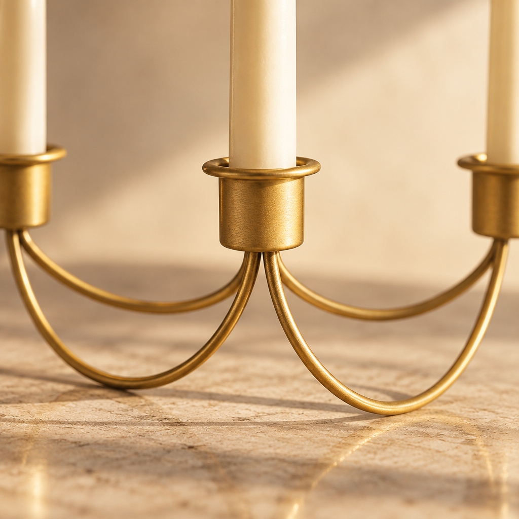 Close-up of the gold candle cups and curved iron wire feet