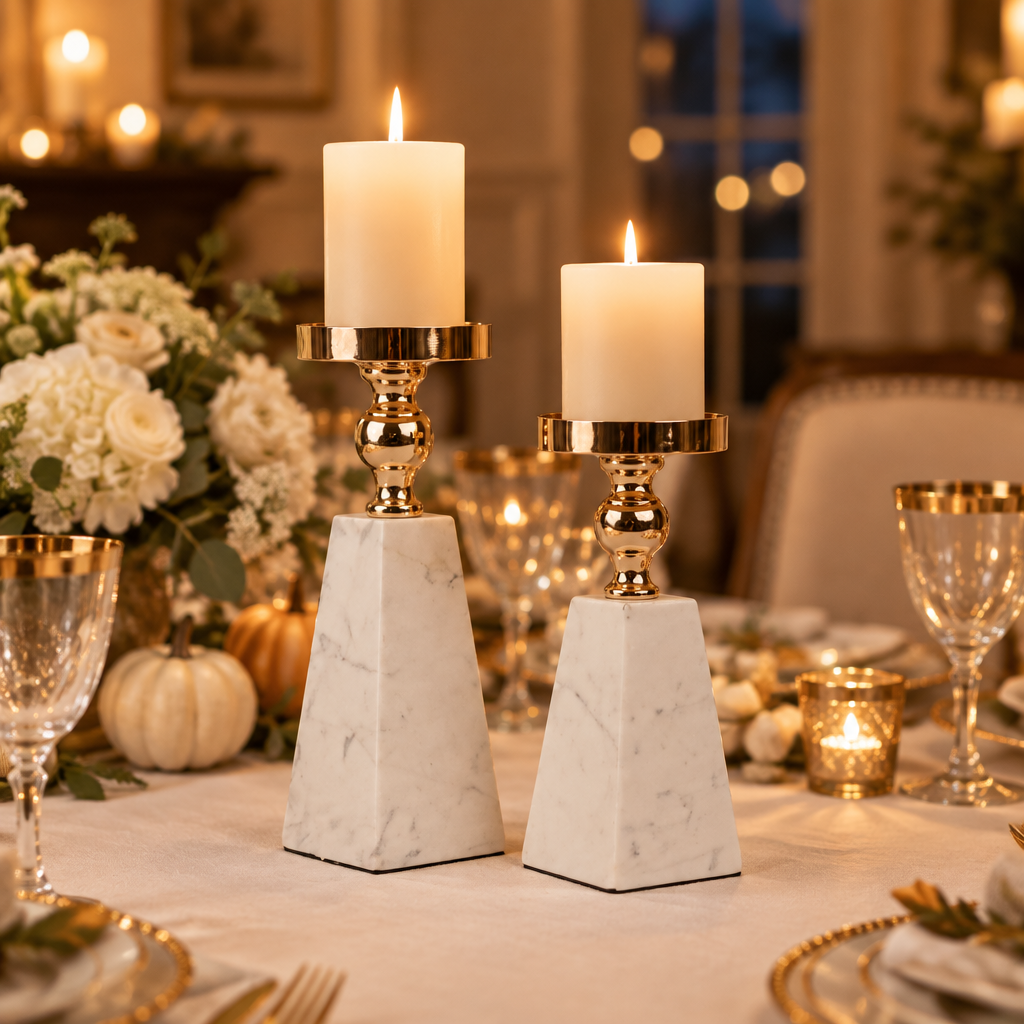 Pyramid marble and gold candle holders on a Thanksgiving dinner table with white flowers