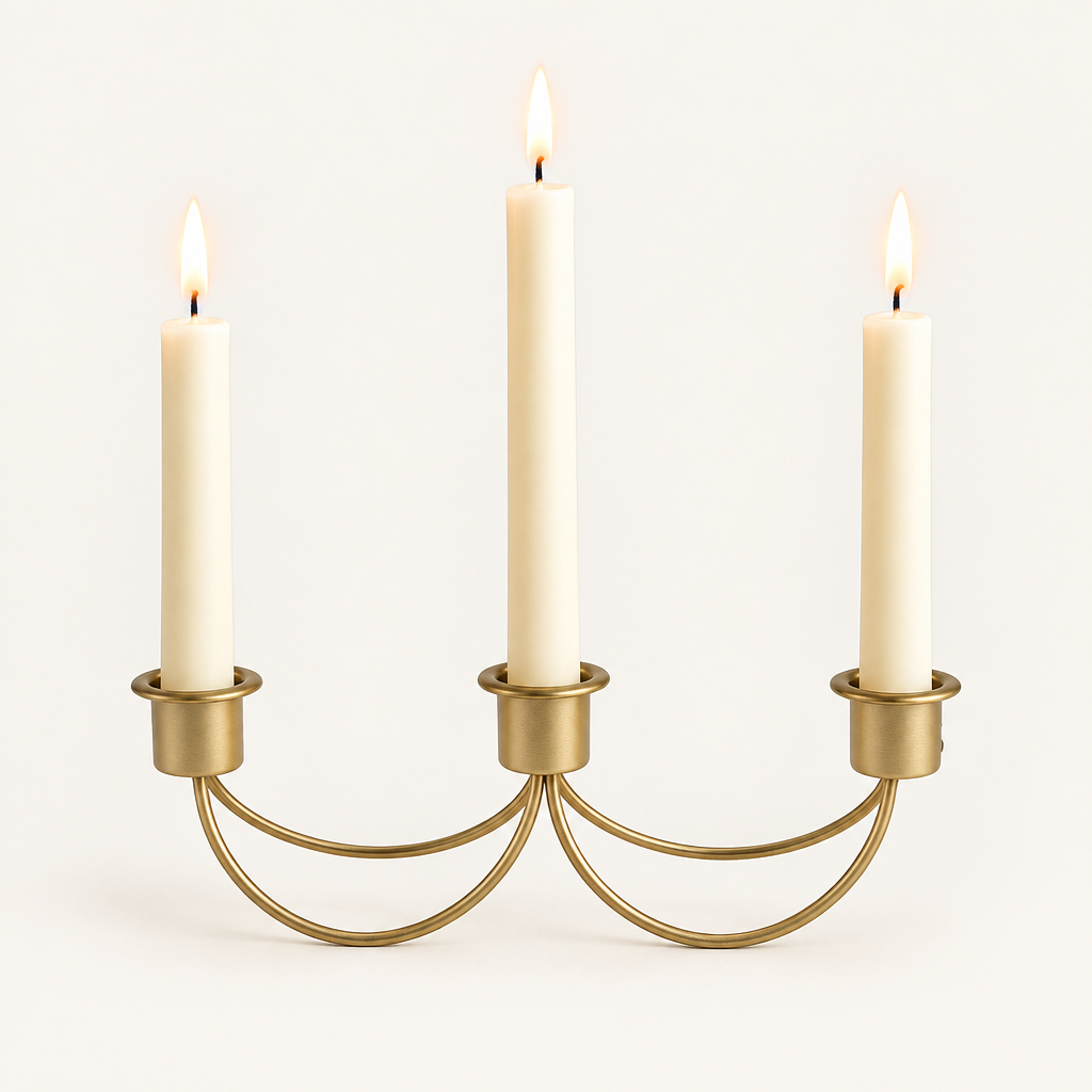 Gilded Trio gold iron 3-candle taper holder with three lit ivory candles on a warm off-white background